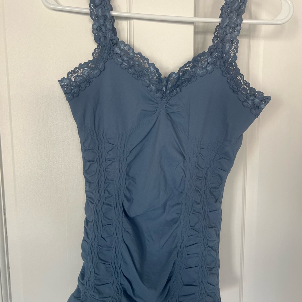 M. Rena Blue Knit Top with Lace Detail